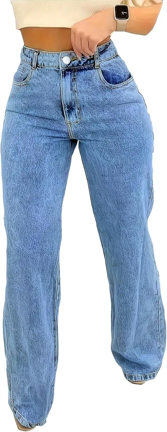 Jeans for Women Trendy Straight Wide Leg Denim Pants Vintage wash Boyfriend Casual Pockets Loose Jeans