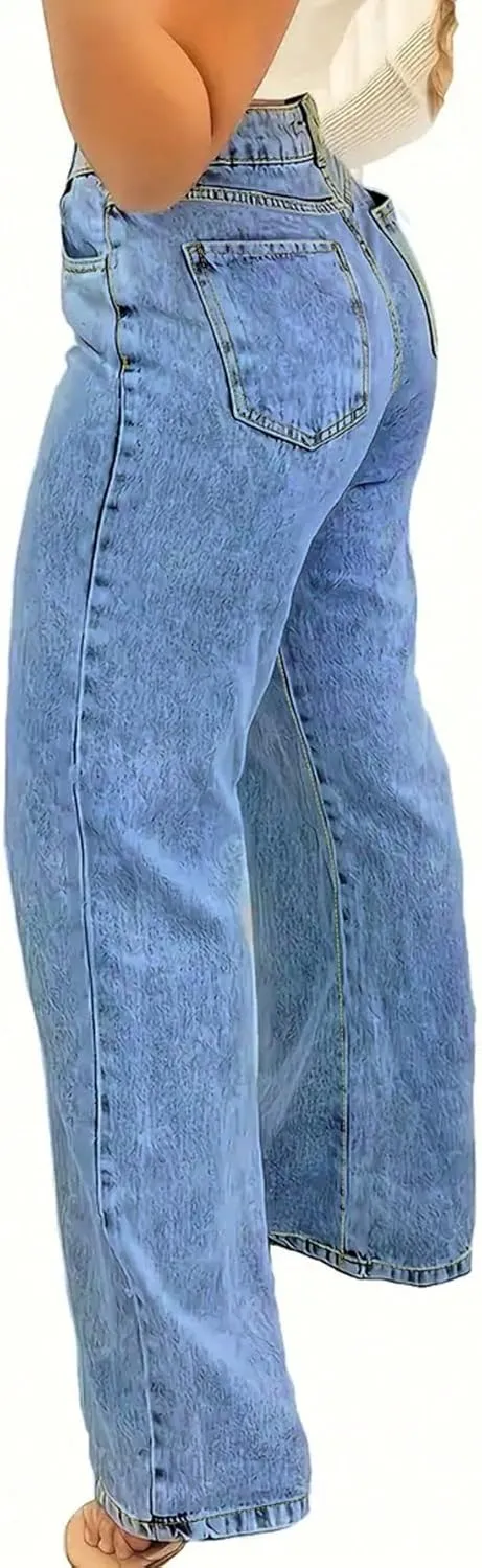 Jeans for Women Trendy Straight Wide Leg Denim Pants Vintage wash Boyfriend Casual Pockets Loose Jeans