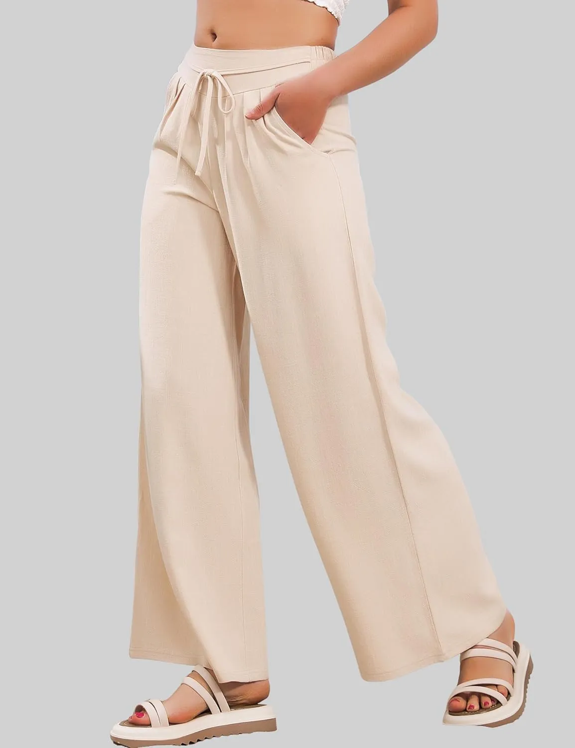 JK SUE JONES Linen Pants Women Summer Wide Leg Flowy Beach Satin Palazzo Pants Loose Casual Lounge Trousers