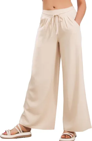 JK SUE JONES Linen Pants Women Summer Wide Leg Flowy Beach Satin Palazzo Pants Loose Casual Lounge Trousers