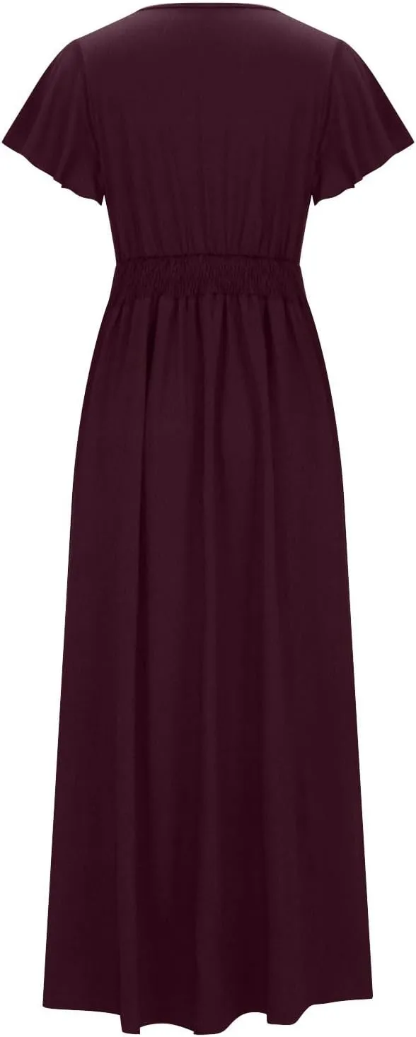 JOAU Women's Summer Ruffle Short Sleeve Casual Dresses Wrap V-Neck Smocked Empire Waist Party Side Slit Hem Beach Maxi Dress