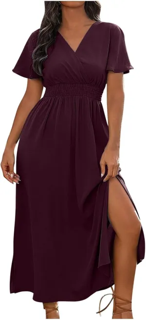 JOAU Women's Summer Ruffle Short Sleeve Casual Dresses Wrap V-Neck Smocked Empire Waist Party Side Slit Hem Beach Maxi Dress