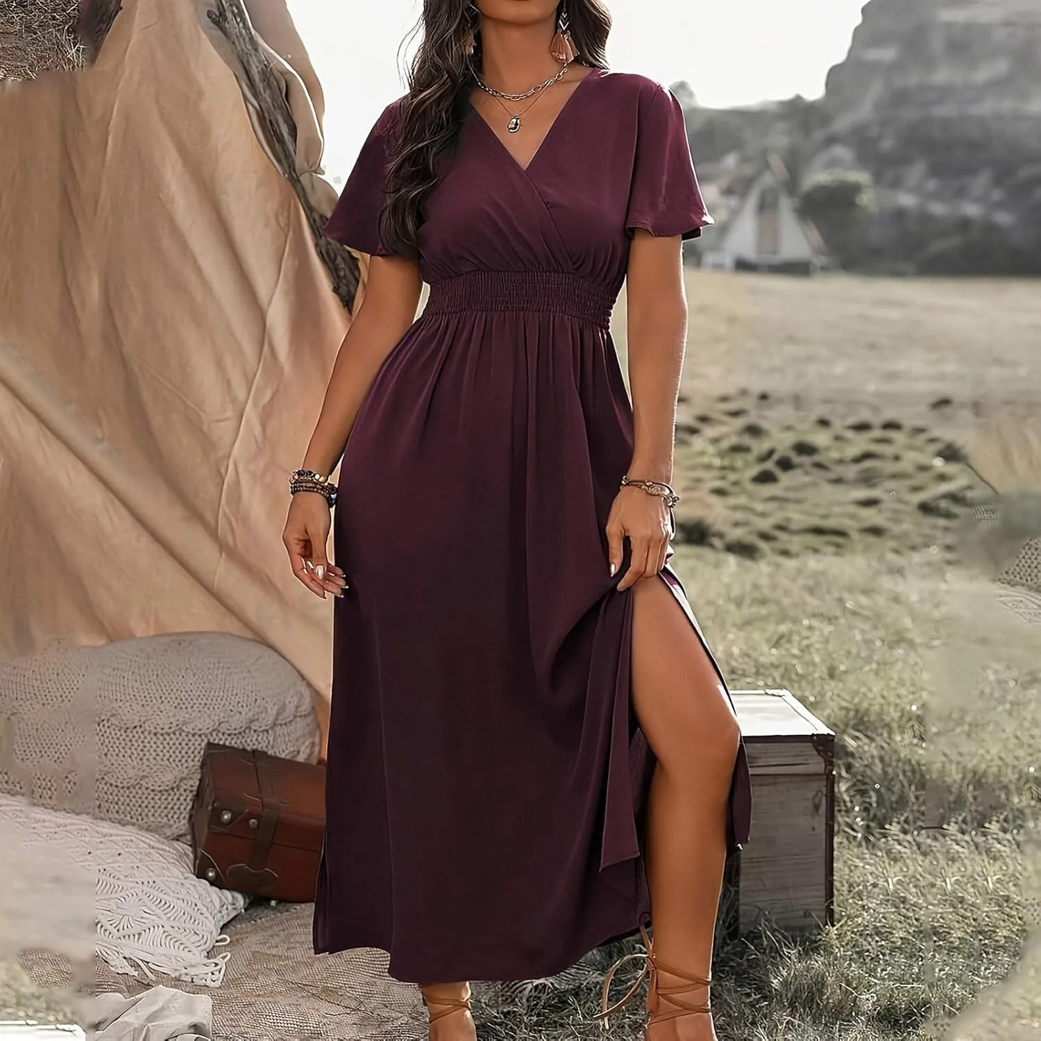 JOAU Women's Summer Ruffle Short Sleeve Casual Dresses Wrap V-Neck Smocked Empire Waist Party Side Slit Hem Beach Maxi Dress