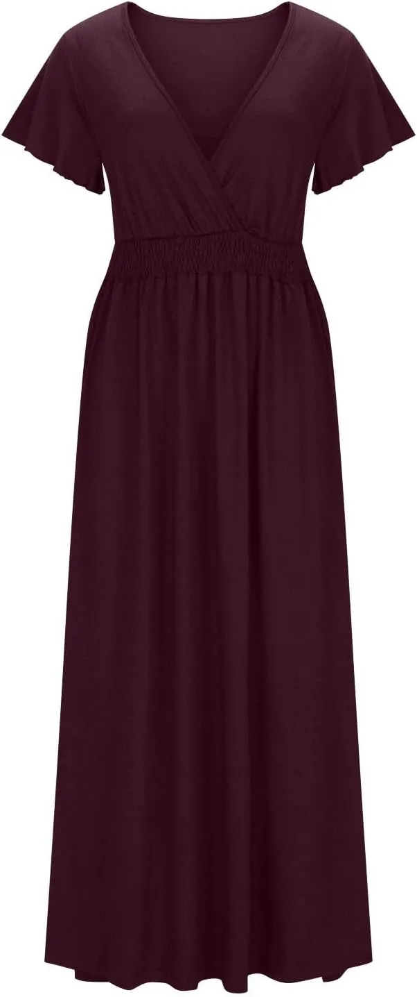 JOAU Women's Summer Ruffle Short Sleeve Casual Dresses Wrap V-Neck Smocked Empire Waist Party Side Slit Hem Beach Maxi Dress
