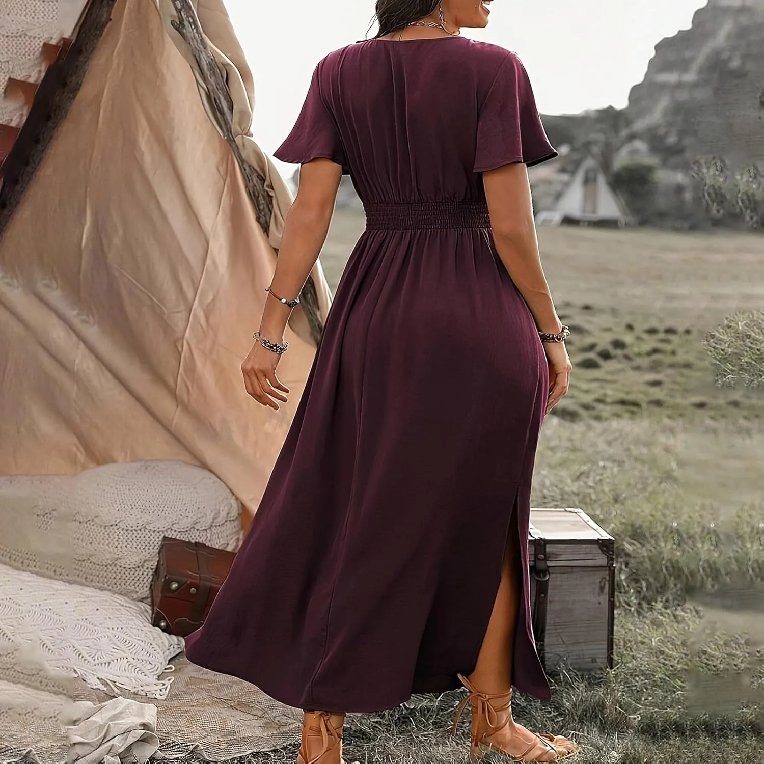 JOAU Women's Summer Ruffle Short Sleeve Casual Dresses Wrap V-Neck Smocked Empire Waist Party Side Slit Hem Beach Maxi Dress