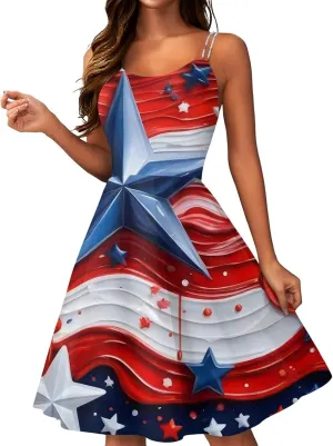 July 4Th Dresses Women Midi Red White and Blue Dress Sleeveless Patriotic Dresses Holiday Festival Party Dress