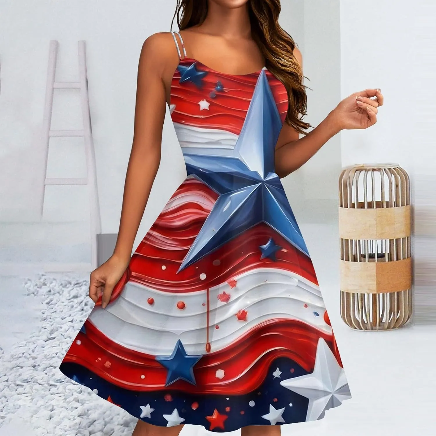 July 4Th Dresses Women Midi Red White and Blue Dress Sleeveless Patriotic Dresses Holiday Festival Party Dress