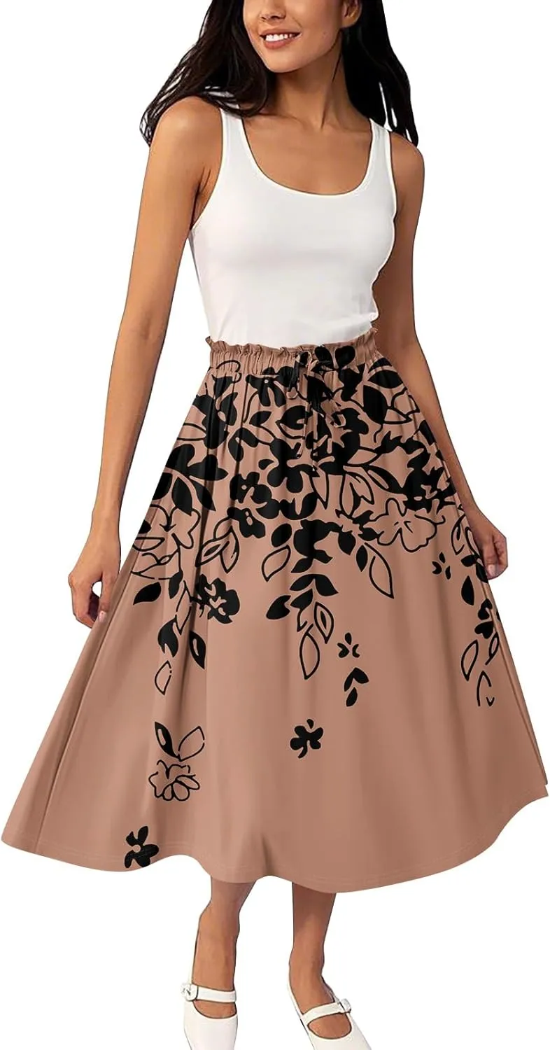 Knee Length Skirt for Women High Waist Flowy A-Line Casual Summer Skirt Trendy