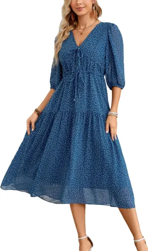 Kormei Women's Casual 3/4 Sleeve Summer Dress Boho Floral Print V Neck High Waist Long Party Beach Flowy Maxi Dresses