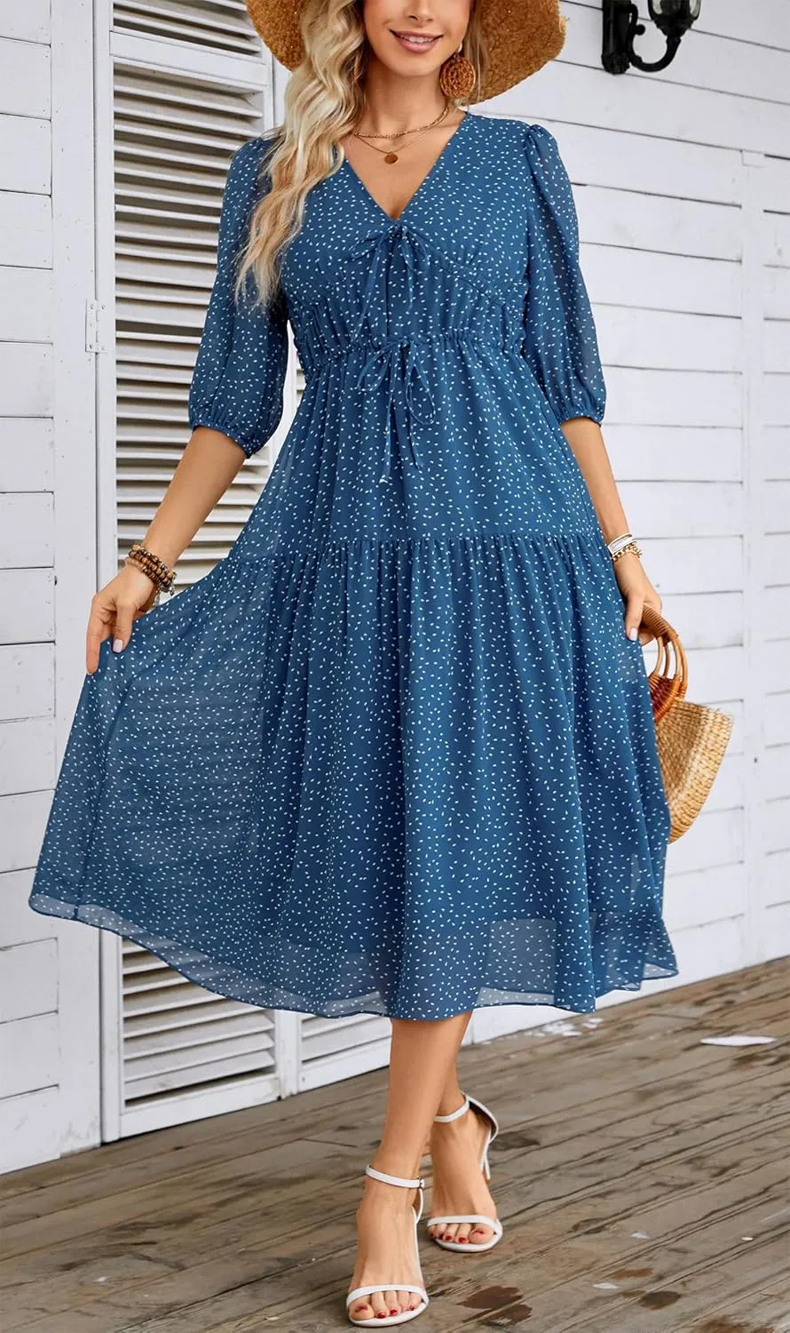 Kormei Women's Casual 3/4 Sleeve Summer Dress Boho Floral Print V Neck High Waist Long Party Beach Flowy Maxi Dresses