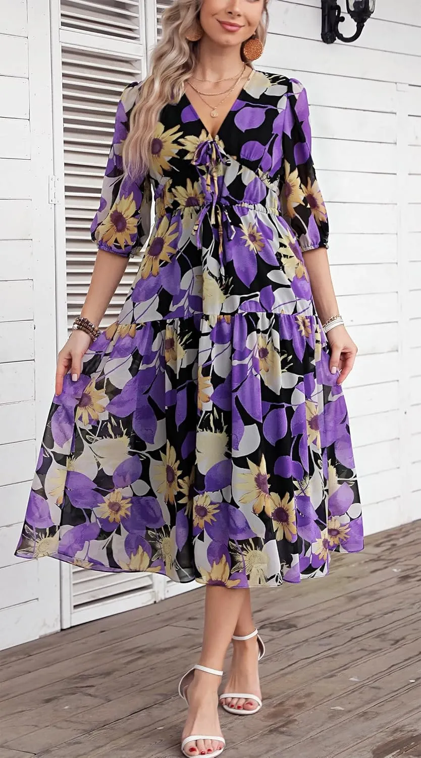 Kormei Women's Casual 3/4 Sleeve Summer Dress Boho Floral Print V Neck High Waist Long Party Beach Flowy Maxi Dresses