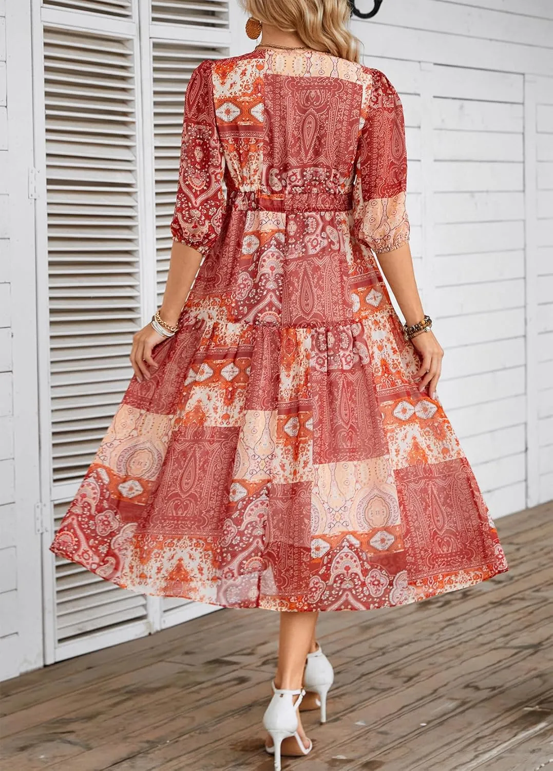 Kormei Women's Casual 3/4 Sleeve Summer Dress Boho Floral Print V Neck High Waist Long Party Beach Flowy Maxi Dresses