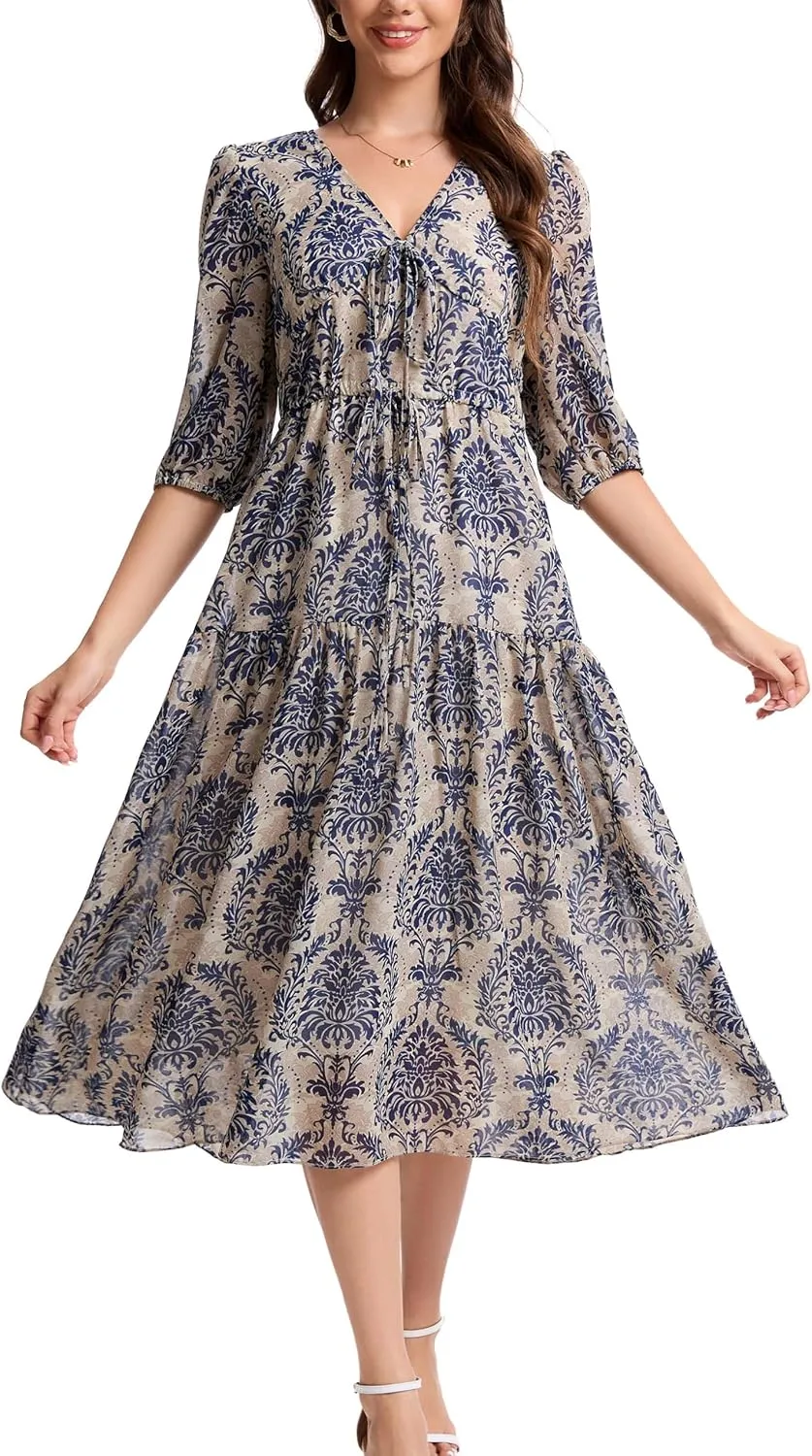 Kormei Women's Casual 3/4 Sleeve Summer Dress Boho Floral Print V Neck High Waist Long Party Beach Flowy Maxi Dresses
