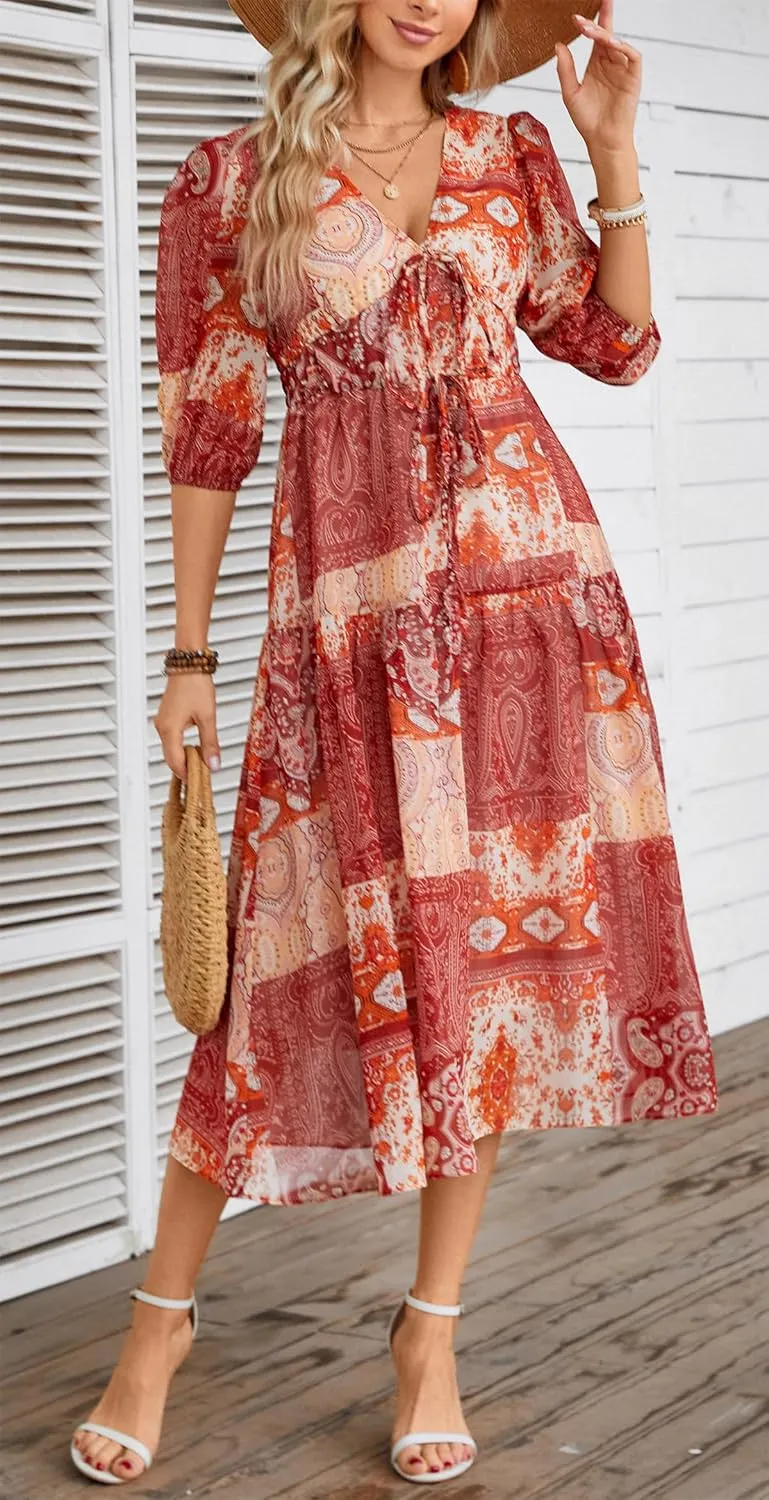 Kormei Women's Casual 3/4 Sleeve Summer Dress Boho Floral Print V Neck High Waist Long Party Beach Flowy Maxi Dresses