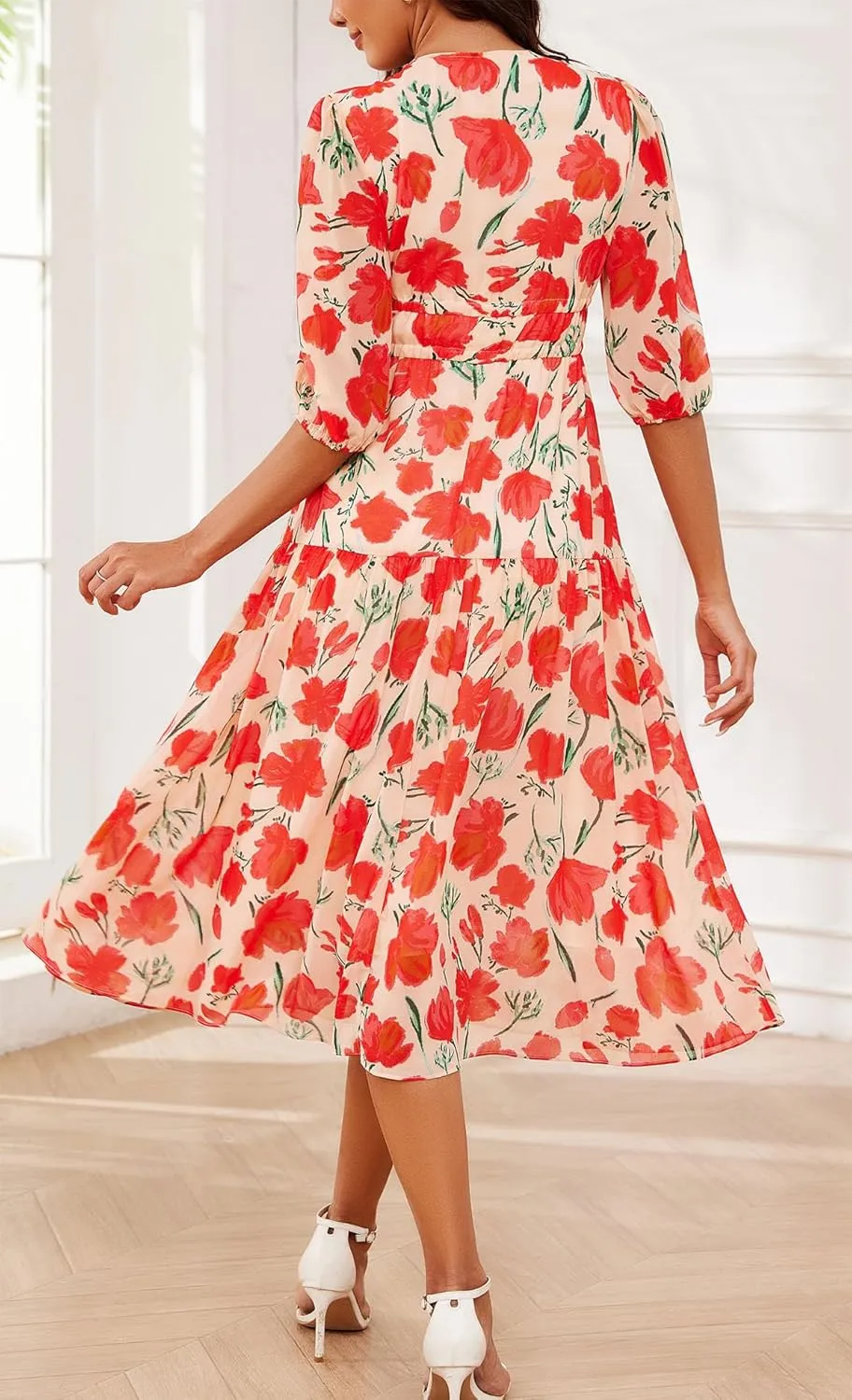 Kormei Women's Casual 3/4 Sleeve Summer Dress Boho Floral Print V Neck High Waist Long Party Beach Flowy Maxi Dresses