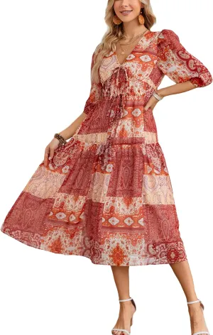 Kormei Women's Casual 3/4 Sleeve Summer Dress Boho Floral Print V Neck High Waist Long Party Beach Flowy Maxi Dresses