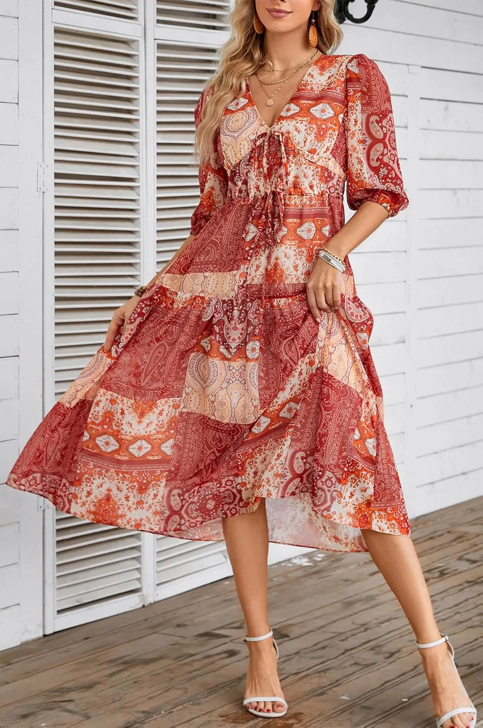 Kormei Women's Casual 3/4 Sleeve Summer Dress Boho Floral Print V Neck High Waist Long Party Beach Flowy Maxi Dresses