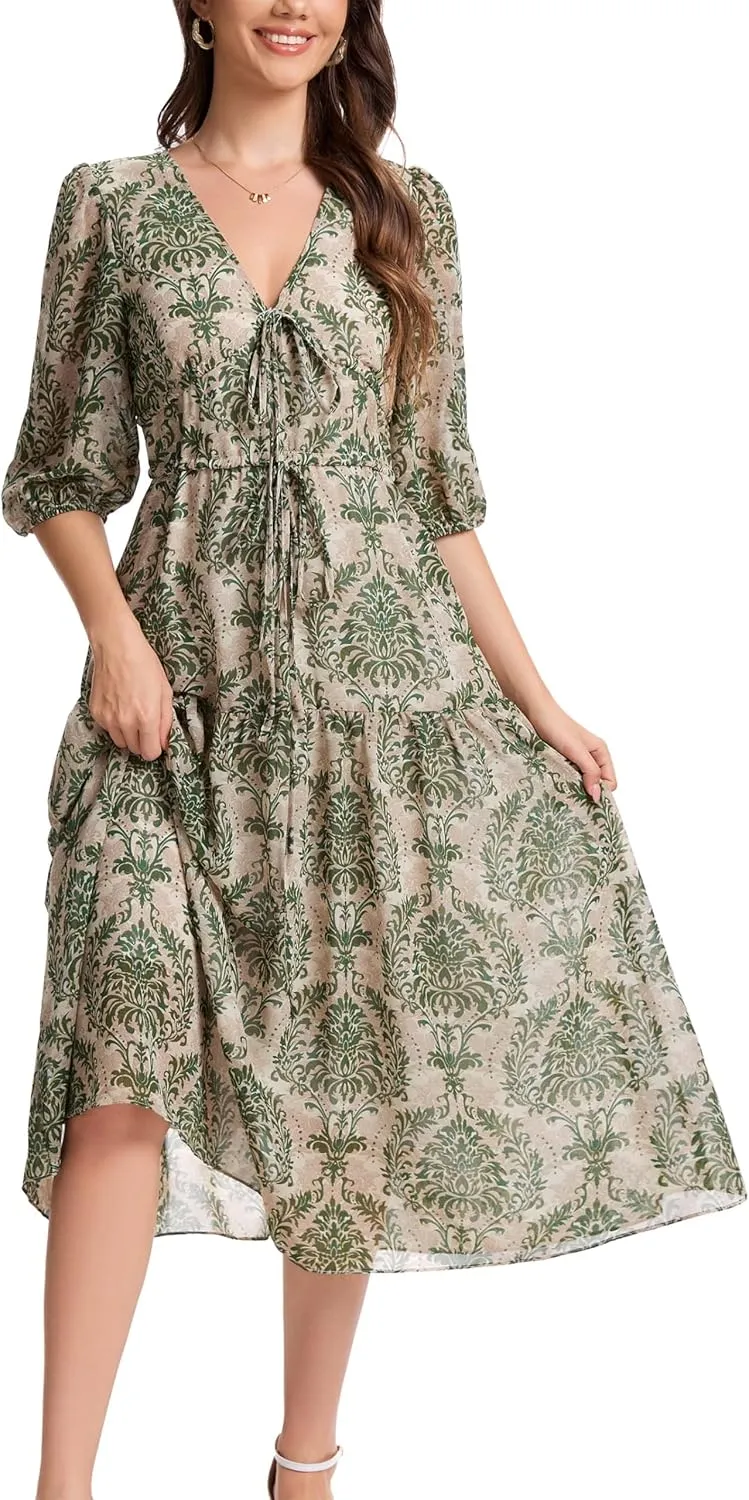 Kormei Women's Casual 3/4 Sleeve Summer Dress Boho Floral Print V Neck High Waist Long Party Beach Flowy Maxi Dresses
