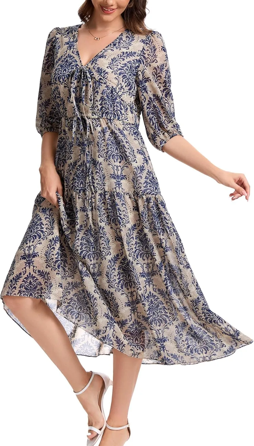 Kormei Women's Casual 3/4 Sleeve Summer Dress Boho Floral Print V Neck High Waist Long Party Beach Flowy Maxi Dresses