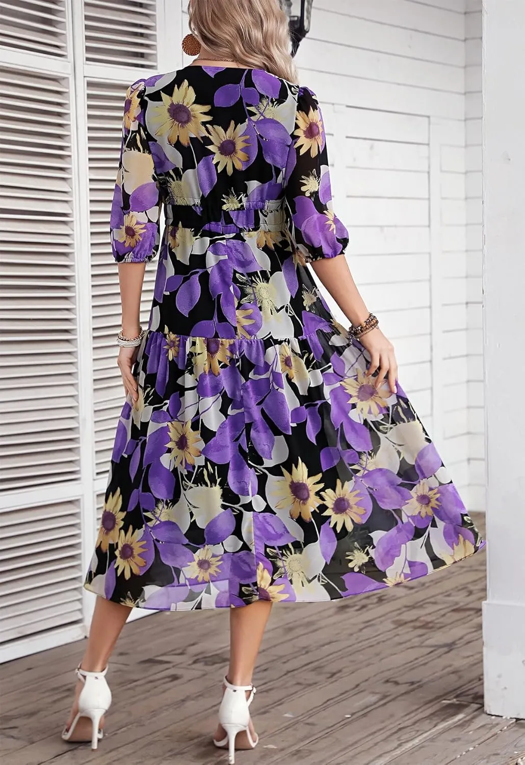 Kormei Women's Casual 3/4 Sleeve Summer Dress Boho Floral Print V Neck High Waist Long Party Beach Flowy Maxi Dresses