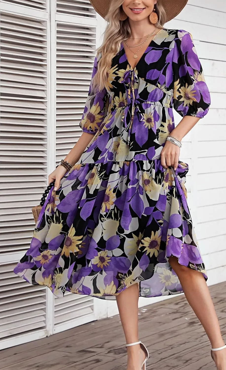 Kormei Women's Casual 3/4 Sleeve Summer Dress Boho Floral Print V Neck High Waist Long Party Beach Flowy Maxi Dresses