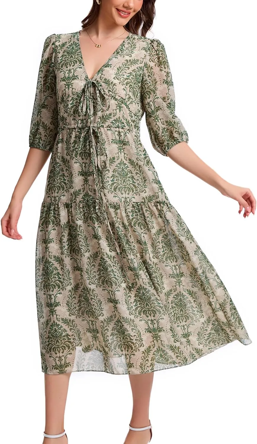 Kormei Women's Casual 3/4 Sleeve Summer Dress Boho Floral Print V Neck High Waist Long Party Beach Flowy Maxi Dresses