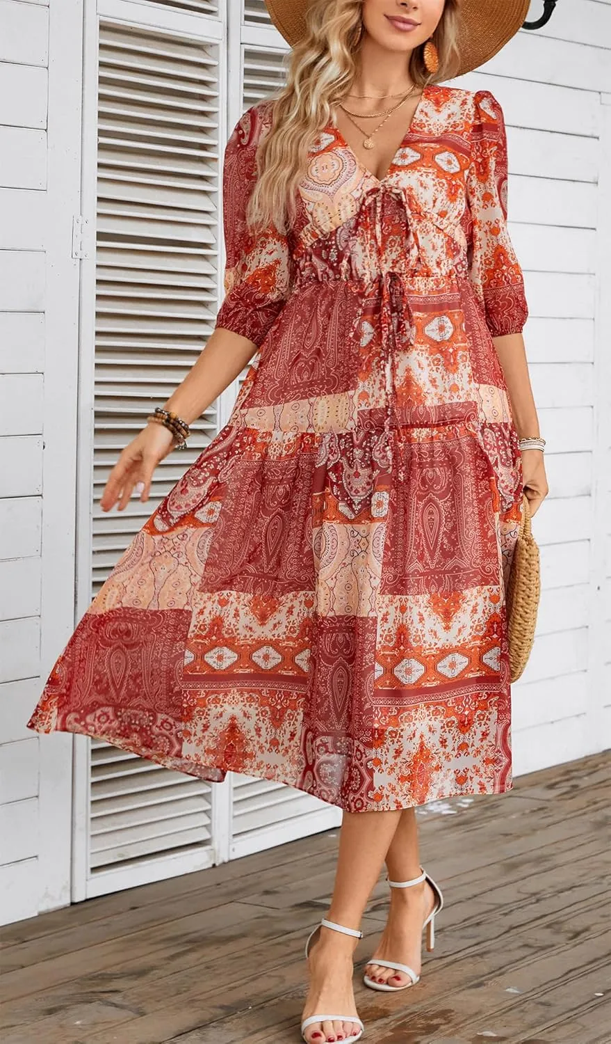 Kormei Women's Casual 3/4 Sleeve Summer Dress Boho Floral Print V Neck High Waist Long Party Beach Flowy Maxi Dresses