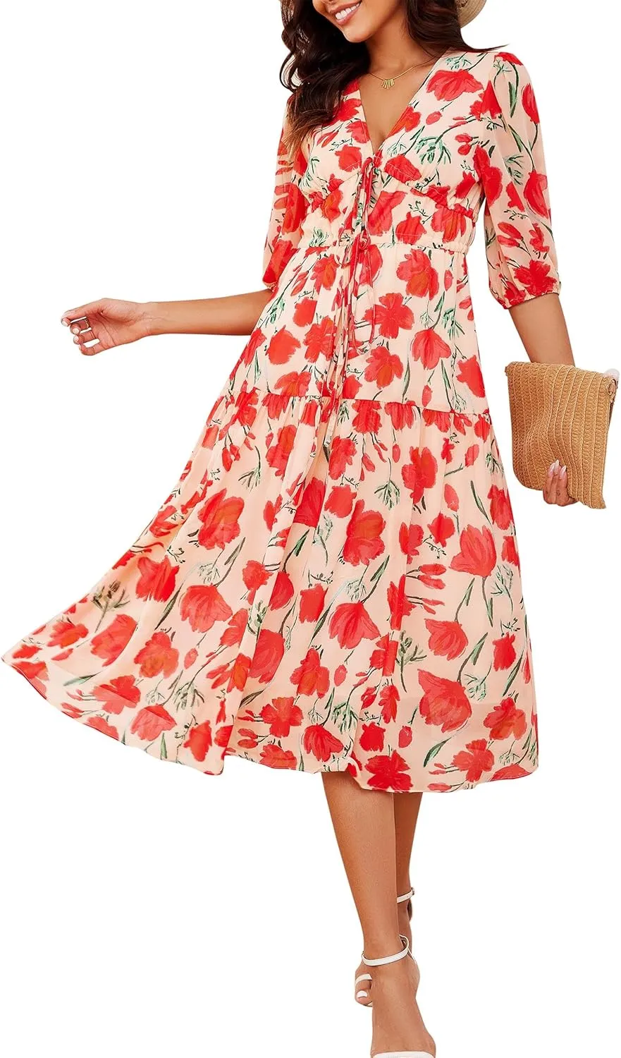 Kormei Women's Casual 3/4 Sleeve Summer Dress Boho Floral Print V Neck High Waist Long Party Beach Flowy Maxi Dresses