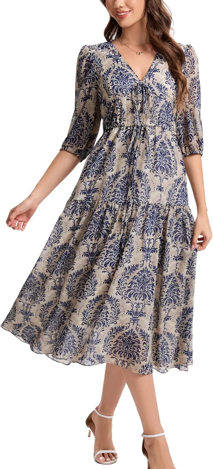 Kormei Women's Casual 3/4 Sleeve Summer Dress Boho Floral Print V Neck High Waist Long Party Beach Flowy Maxi Dresses