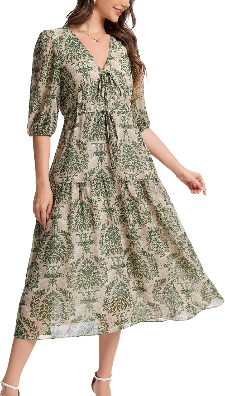 Kormei Women's Casual 3/4 Sleeve Summer Dress Boho Floral Print V Neck High Waist Long Party Beach Flowy Maxi Dresses