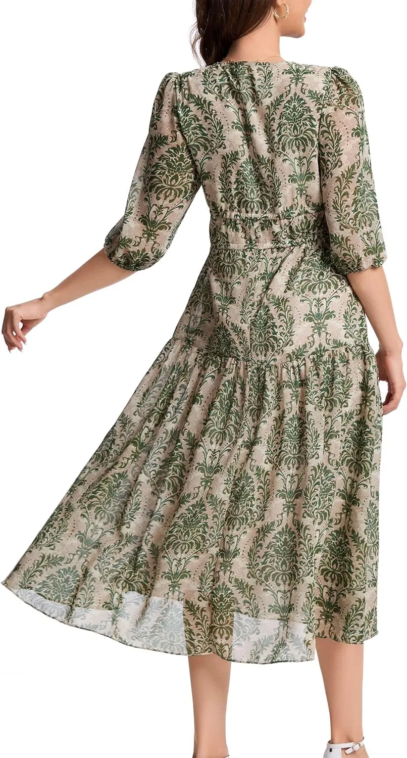 Kormei Women's Casual 3/4 Sleeve Summer Dress Boho Floral Print V Neck High Waist Long Party Beach Flowy Maxi Dresses
