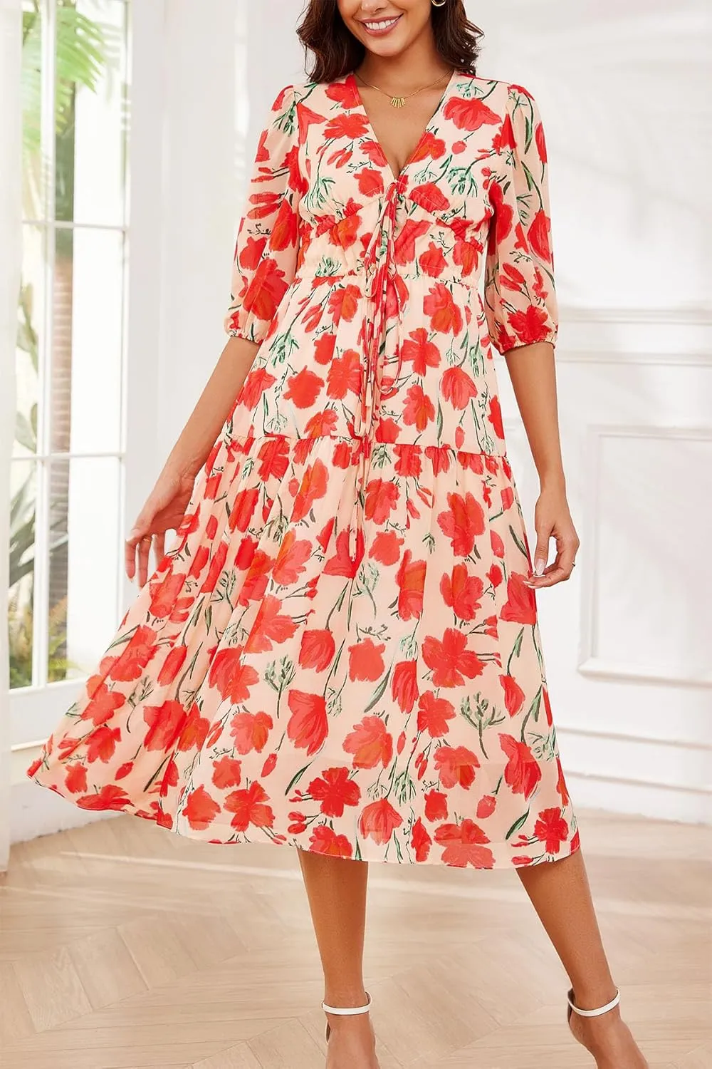 Kormei Women's Casual 3/4 Sleeve Summer Dress Boho Floral Print V Neck High Waist Long Party Beach Flowy Maxi Dresses