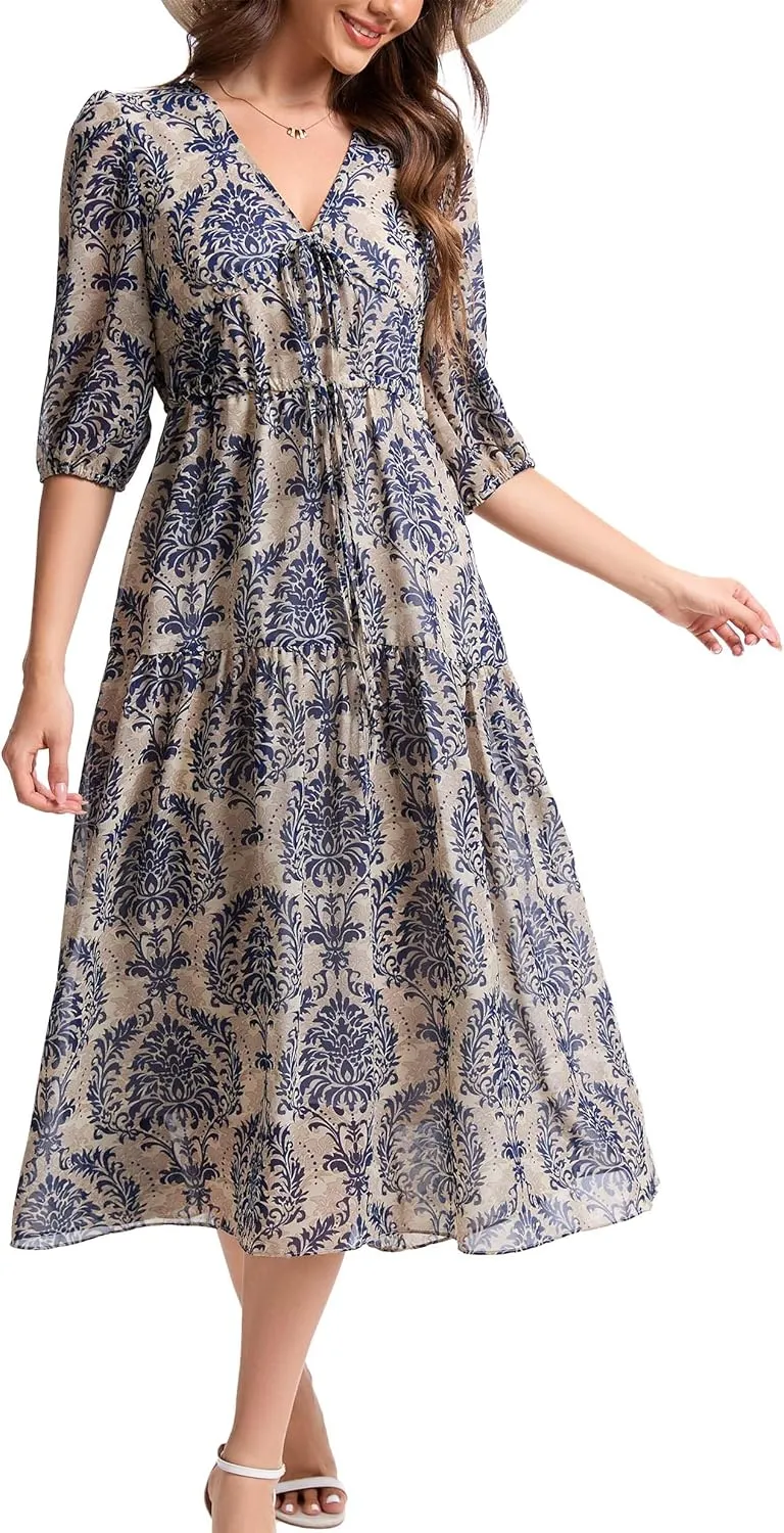 Kormei Women's Casual 3/4 Sleeve Summer Dress Boho Floral Print V Neck High Waist Long Party Beach Flowy Maxi Dresses
