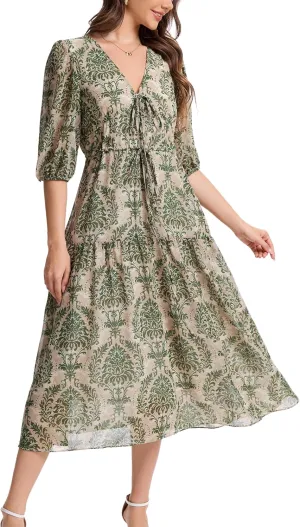 Kormei Women's Casual 3/4 Sleeve Summer Dress Boho Floral Print V Neck High Waist Long Party Beach Flowy Maxi Dresses