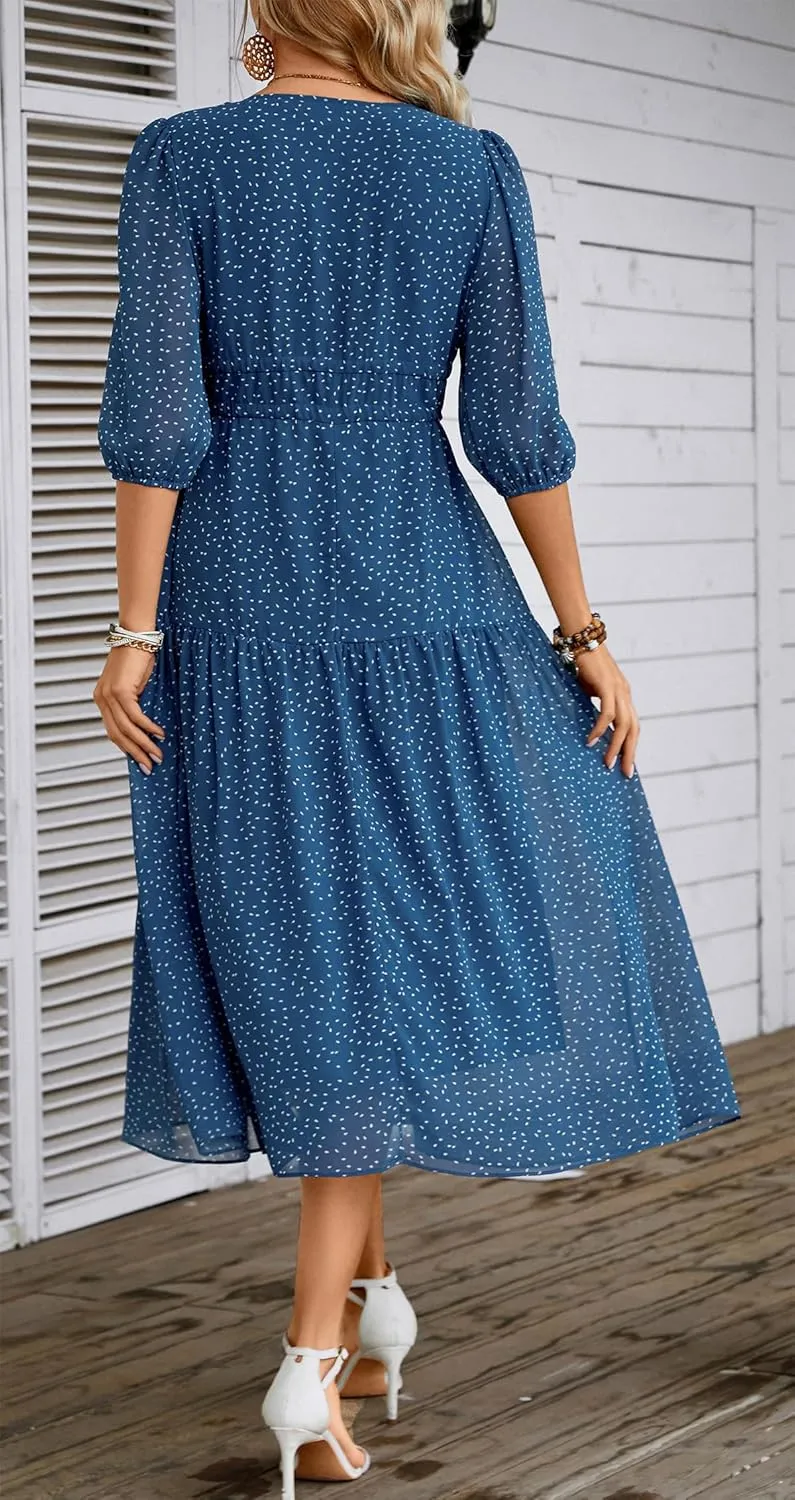 Kormei Women's Casual 3/4 Sleeve Summer Dress Boho Floral Print V Neck High Waist Long Party Beach Flowy Maxi Dresses