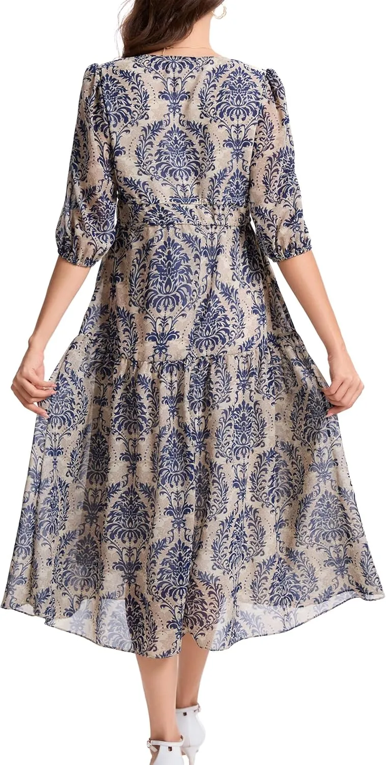 Kormei Women's Casual 3/4 Sleeve Summer Dress Boho Floral Print V Neck High Waist Long Party Beach Flowy Maxi Dresses
