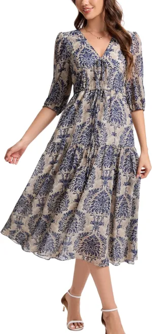 Kormei Women's Casual 3/4 Sleeve Summer Dress Boho Floral Print V Neck High Waist Long Party Beach Flowy Maxi Dresses