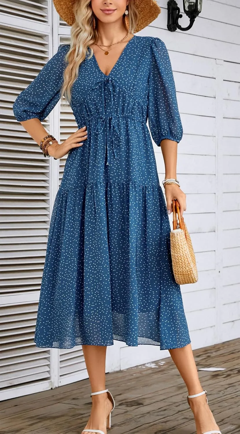 Kormei Women's Casual 3/4 Sleeve Summer Dress Boho Floral Print V Neck High Waist Long Party Beach Flowy Maxi Dresses