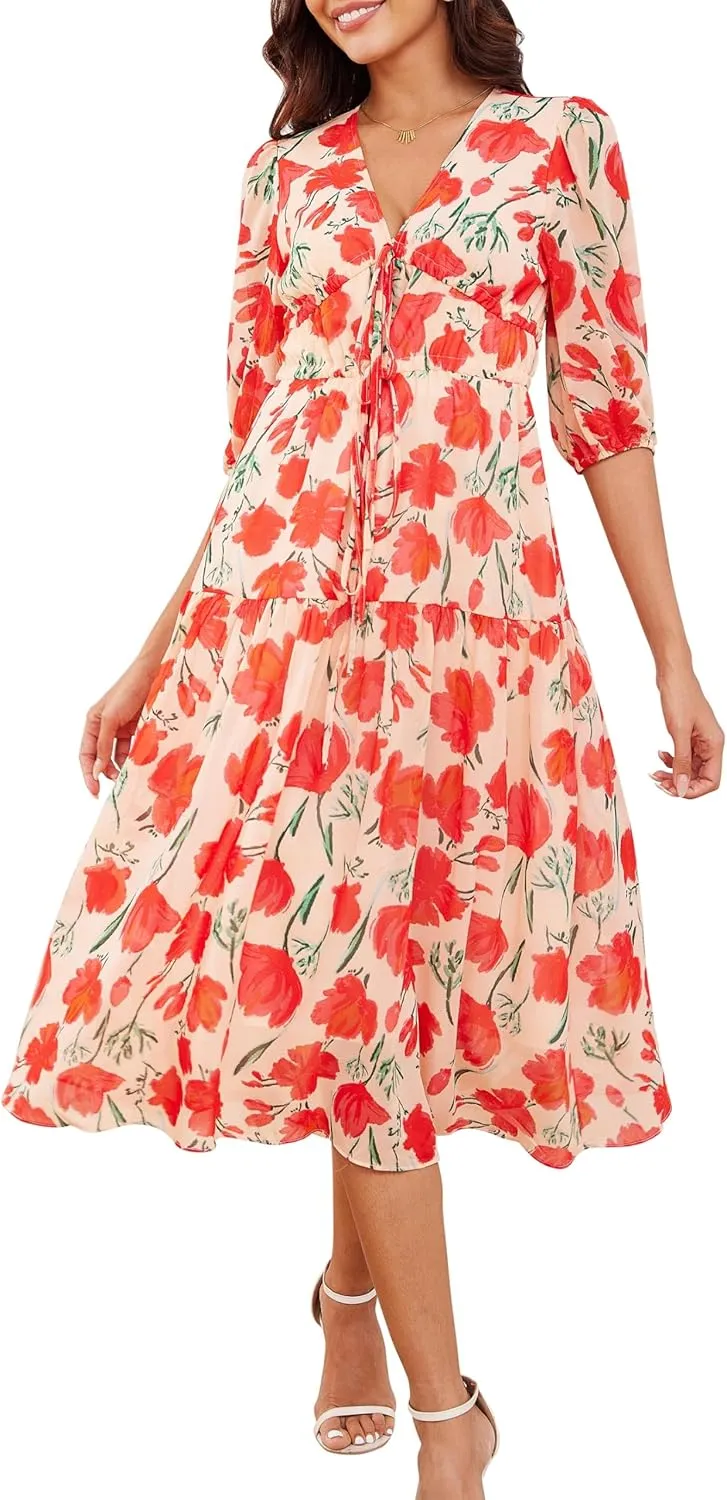 Kormei Women's Casual 3/4 Sleeve Summer Dress Boho Floral Print V Neck High Waist Long Party Beach Flowy Maxi Dresses