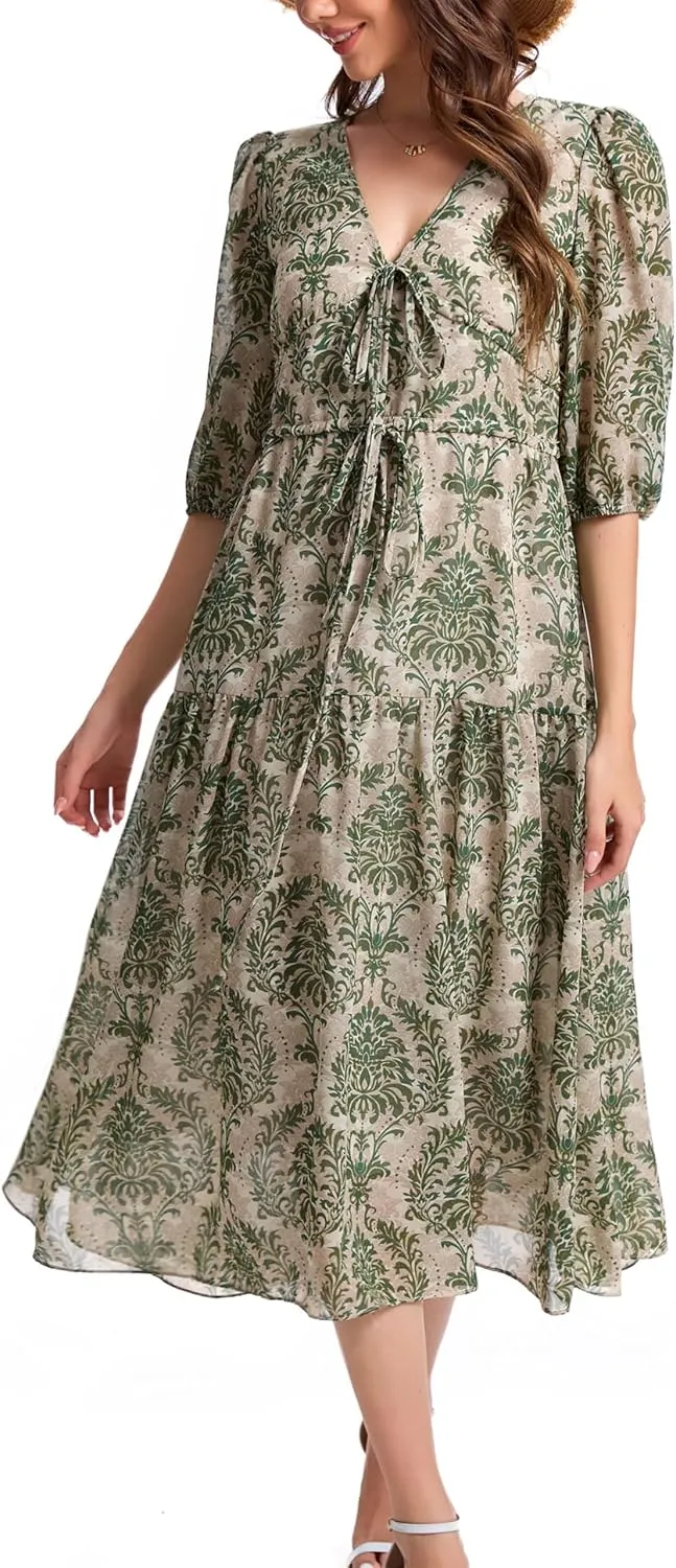 Kormei Women's Casual 3/4 Sleeve Summer Dress Boho Floral Print V Neck High Waist Long Party Beach Flowy Maxi Dresses