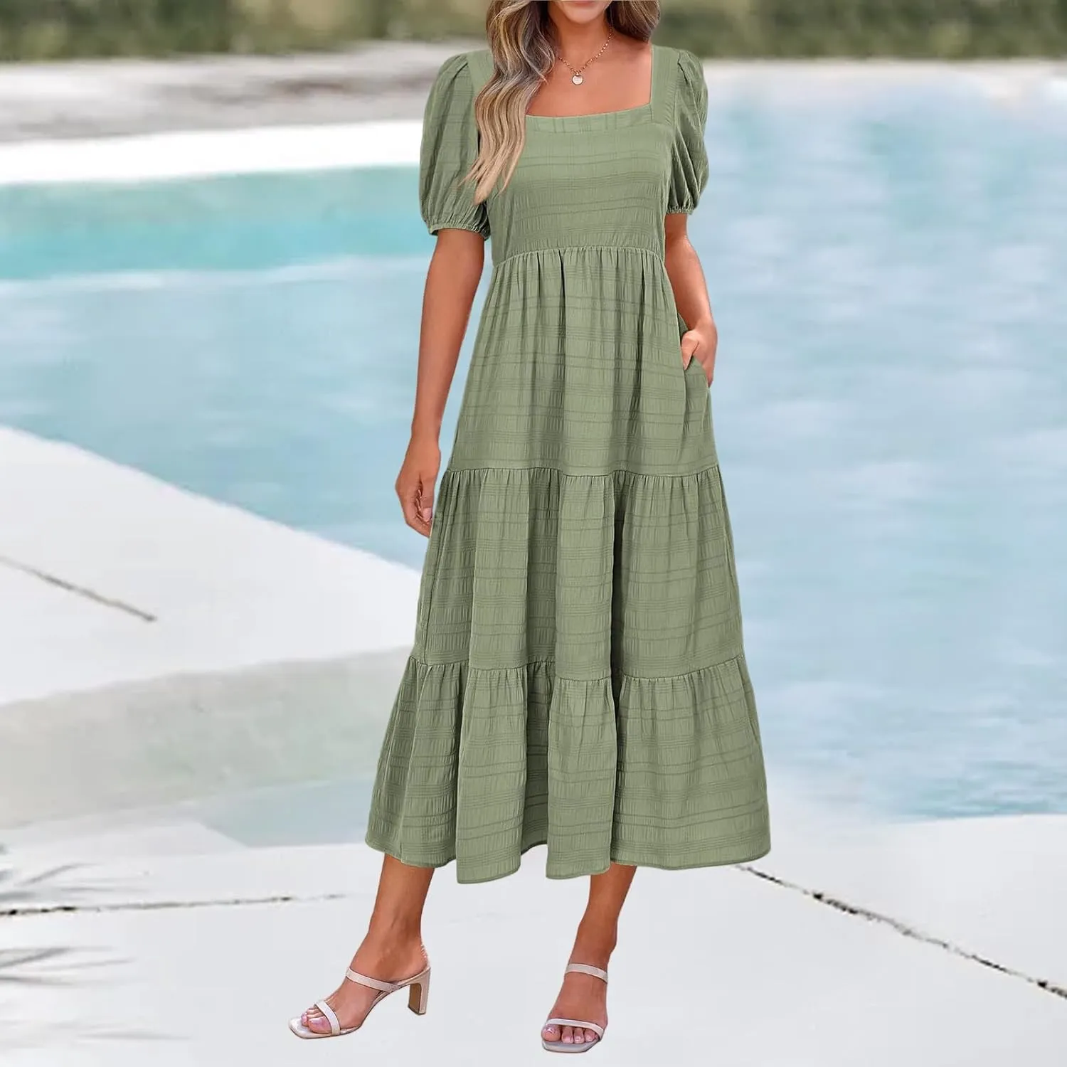 Kubbon Women's Boho Summer Dresses Puff Sleeve Square Neck Maxi Dresses Smocked Elastic Waist Tiered Midi Dress with Pockets
