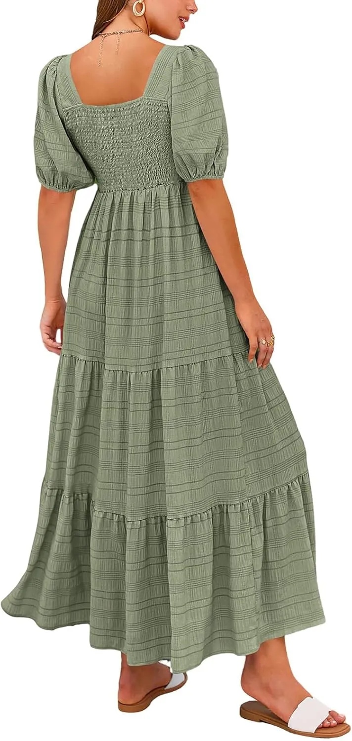Kubbon Women's Boho Summer Dresses Puff Sleeve Square Neck Maxi Dresses Smocked Elastic Waist Tiered Midi Dress with Pockets