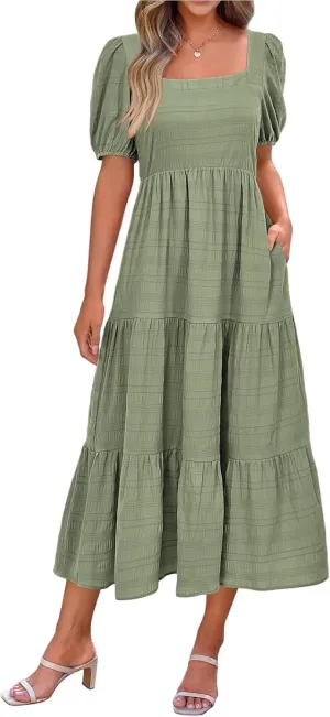 Kubbon Women's Boho Summer Dresses Puff Sleeve Square Neck Maxi Dresses Smocked Elastic Waist Tiered Midi Dress with Pockets