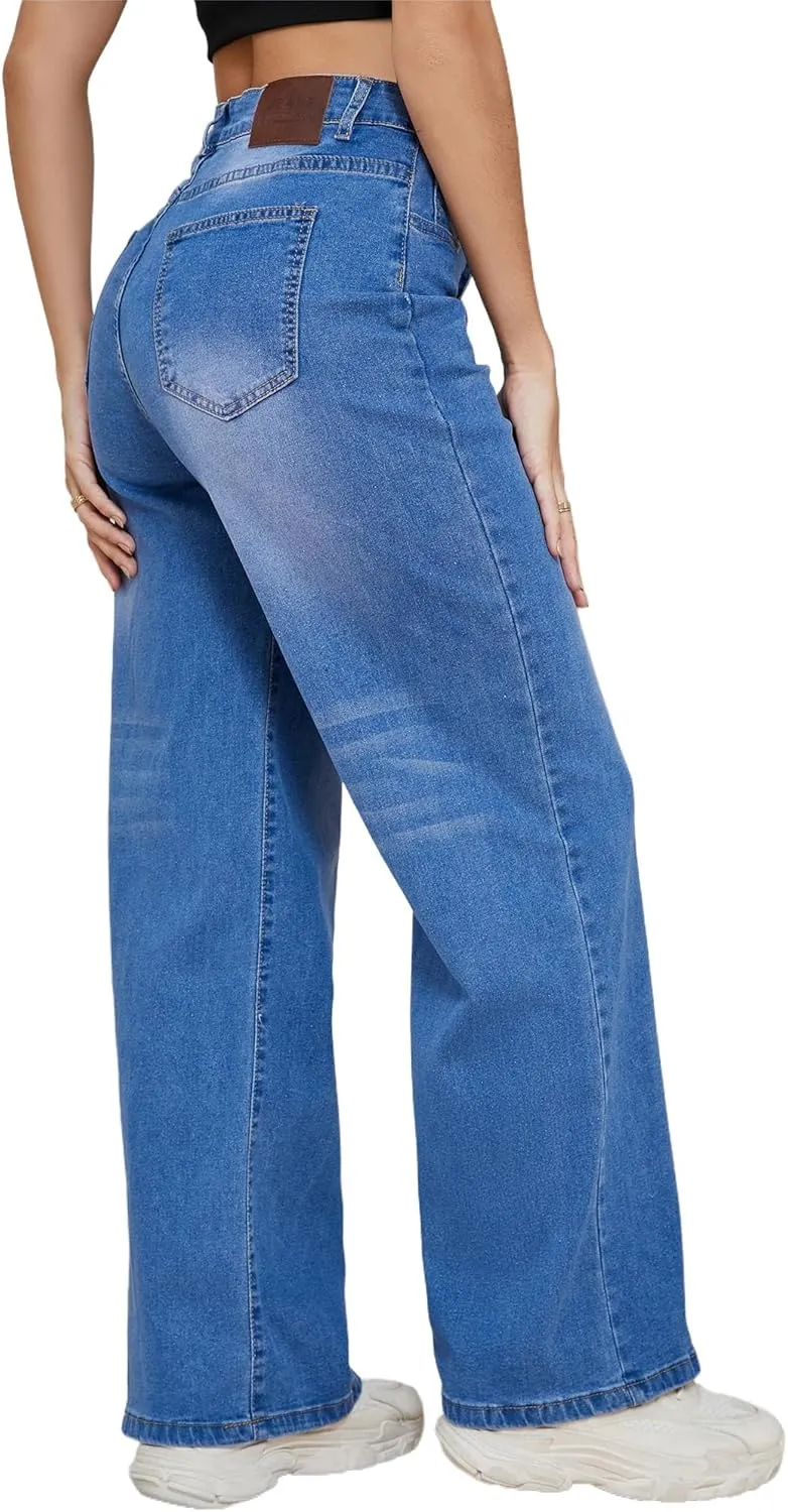 LaiyiVic Wide Leg Jeans for Women High Waisted Stretchy Straight Pants Leg Boyfriend Baggy Jeans