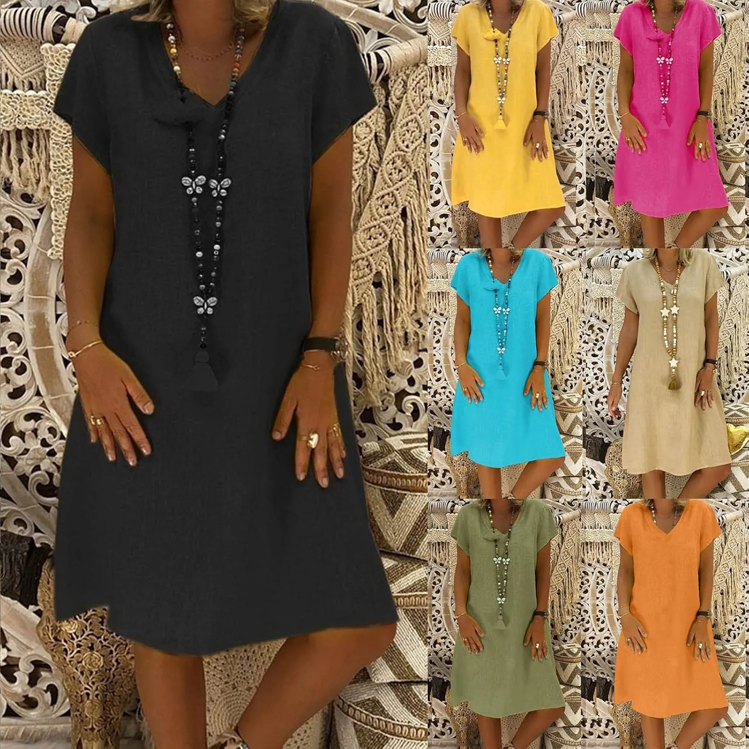 Linen Dress Women Casual Summer Mini Dresses Loose Fit Shift Dress Short Sleeve Shirt Dresses Boho Sundress Plus Size