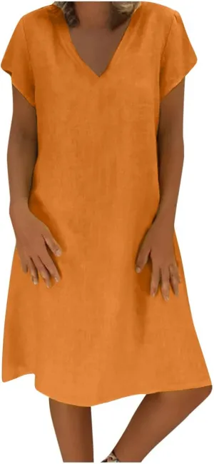 Linen Dress Women Casual Summer Mini Dresses Loose Fit Shift Dress Short Sleeve Shirt Dresses Boho Sundress Plus Size