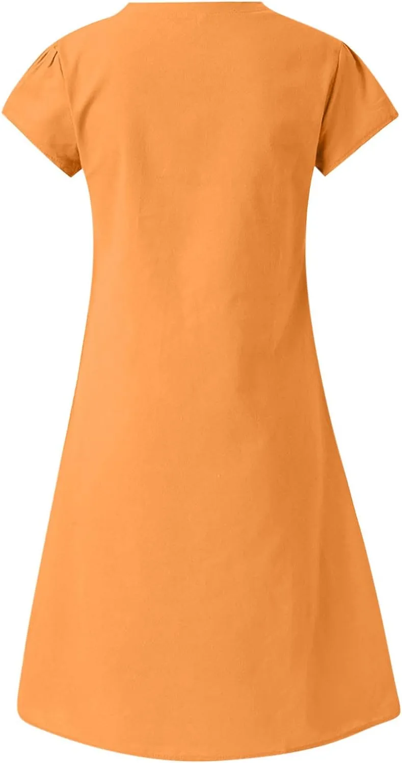 Linen Dress Women Casual Summer Mini Dresses Loose Fit Shift Dress Short Sleeve Shirt Dresses Boho Sundress Plus Size