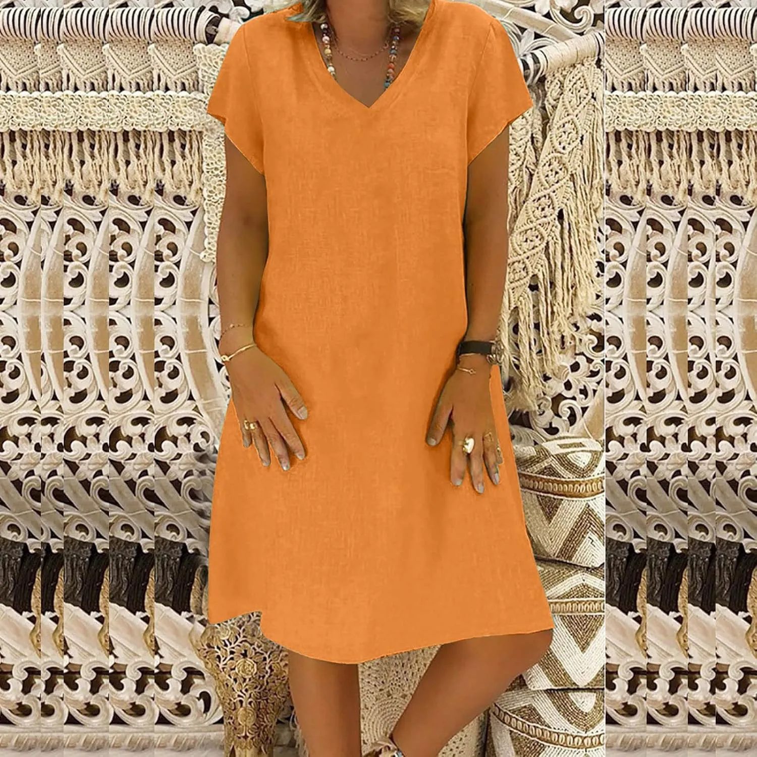 Linen Dress Women Casual Summer Mini Dresses Loose Fit Shift Dress Short Sleeve Shirt Dresses Boho Sundress Plus Size