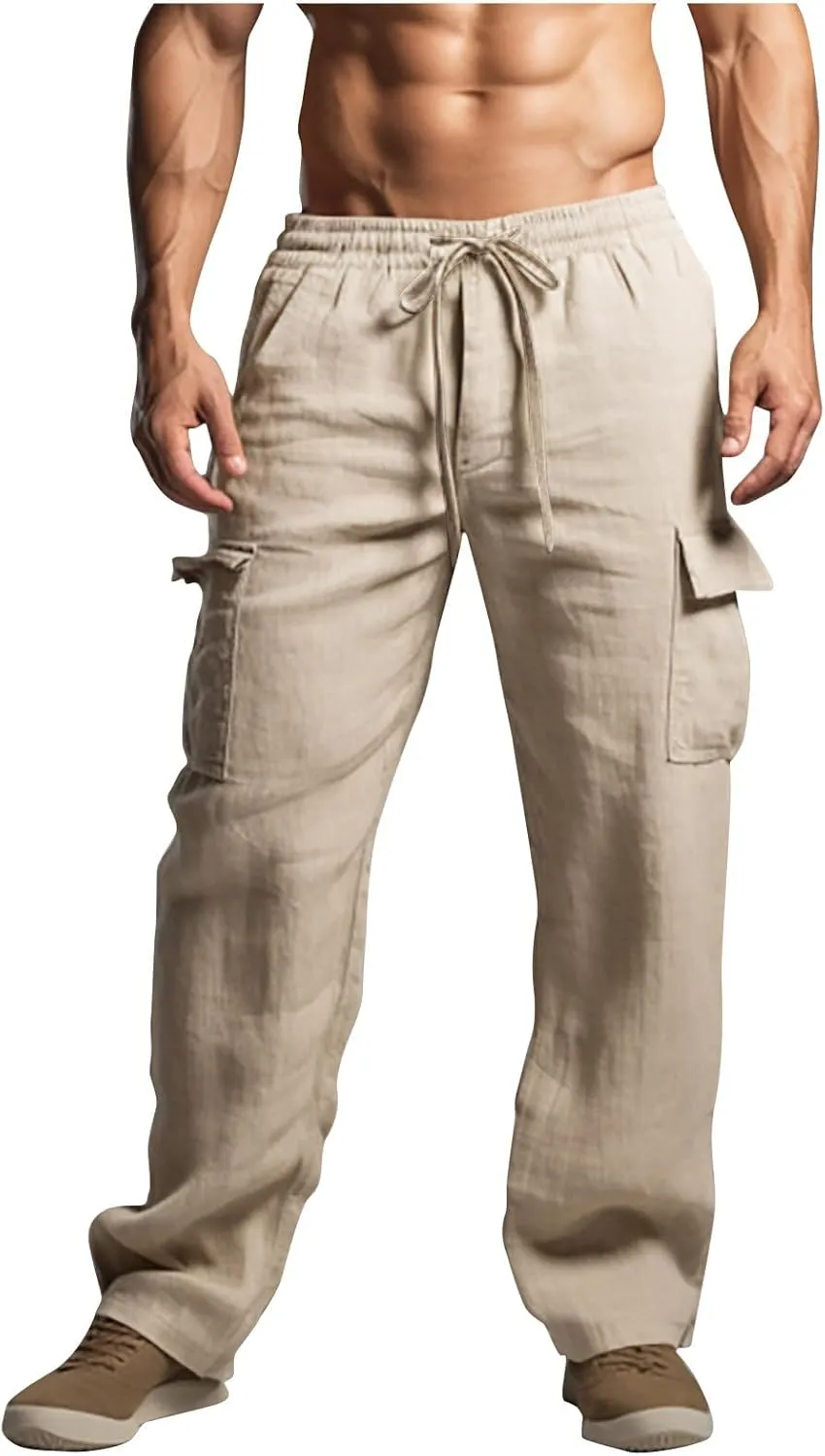 Linen Pants Men,Elastic Waist Drawstring Cargo Pants for Men Lightweight Casual Summer Beach Trousers with Pockets