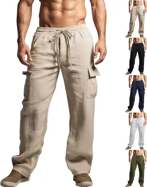 Linen Pants Men,Elastic Waist Drawstring Cargo Pants for Men Lightweight Casual Summer Beach Trousers with Pockets